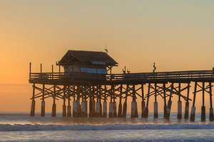 Picture of a wooden bridge that goes out onto the water with the sunset behind it.